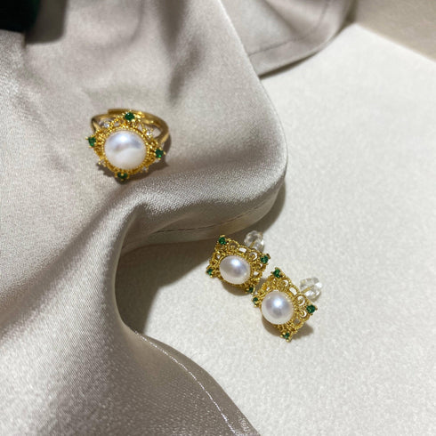 Green Square Pendant White Freshwater Pearl Jewelry Set - House Of Pearls